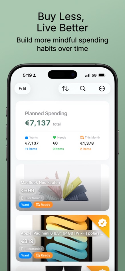 Consumii dashboard showing planned spending overview