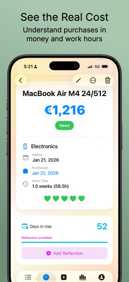 Item detail showing real cost in money and work hours