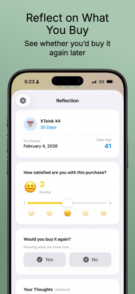 Purchase reflection with satisfaction rating